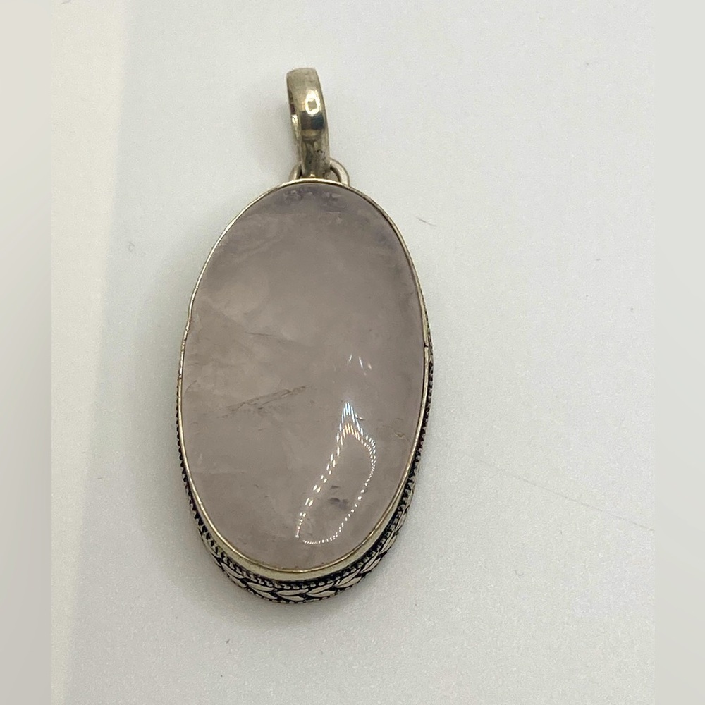 Vtg Rose Quartz Large Oval Silver Tone Pendant 2.4”